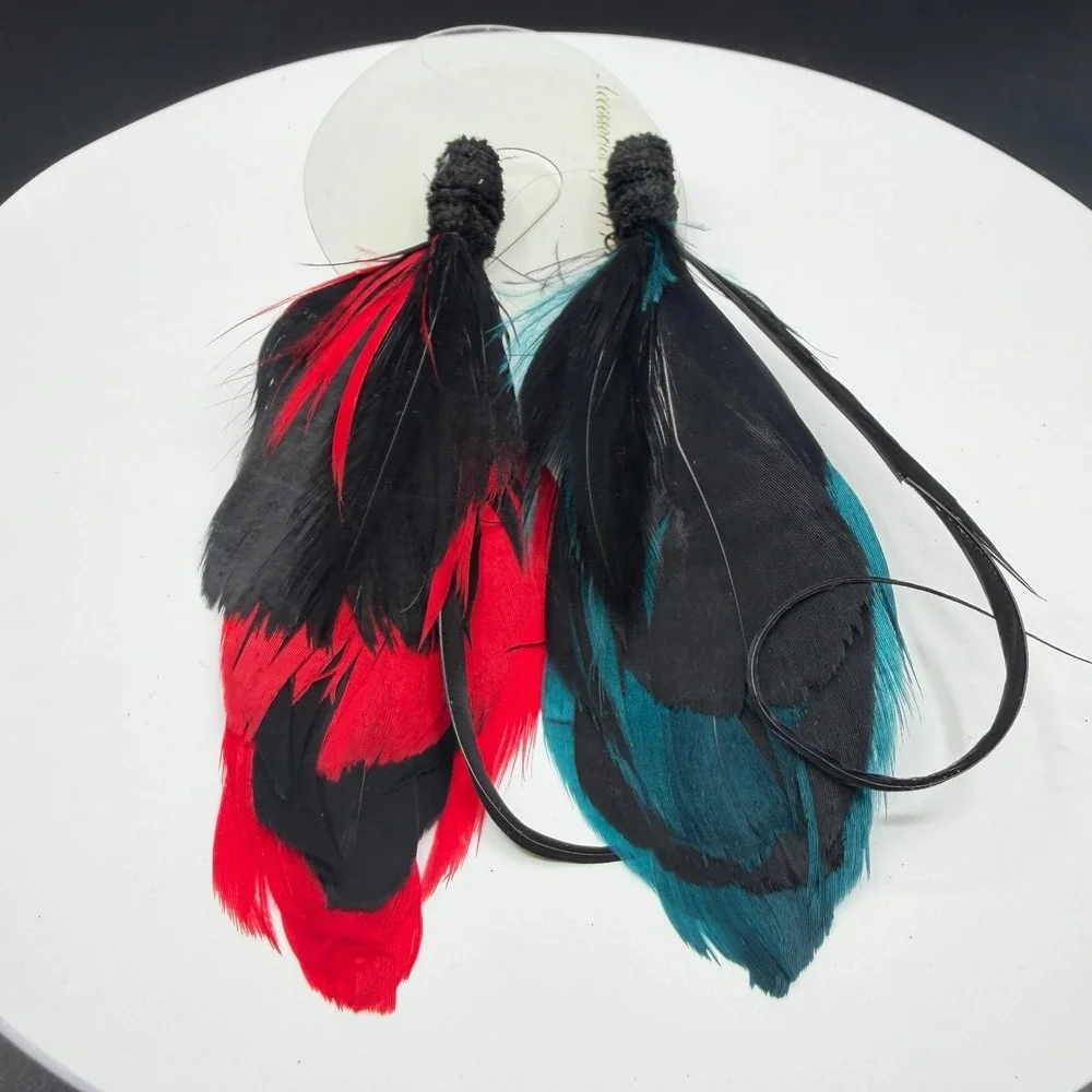 Red Teal Black Feather Brooch Pins Pair Boho Statement Costume Jewelry Set Lot